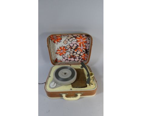 A Vintage Portable Record Player in Case Decorated with Thelwell Sporting Scene 