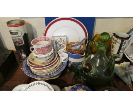 A Tray of Coloured Glassware Ceramics to Include Blue and White Bowl, Aynsley Pin Dish, Royal Worcester Howard Cake Plate Etc