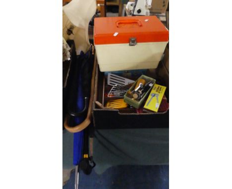 A Collection of Umbrellas, Walking Stick, Kitchen Cutlery and Tools, Sewing Box and Contents 