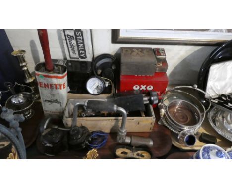 A Tray Containing Vintage Tins, Tools, Meters Etc 