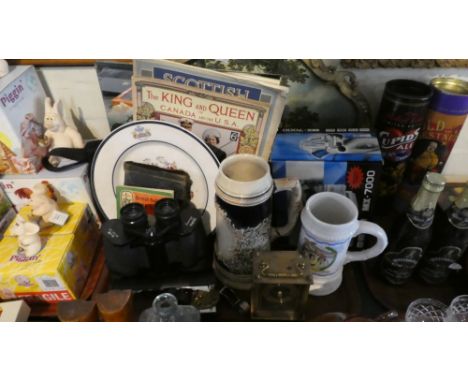 A Tray of Sundries to Include Binoculars, Lager Steins, Vintage Decorated Mirror Panels, Camcorder, Jewellers Loupe etc 