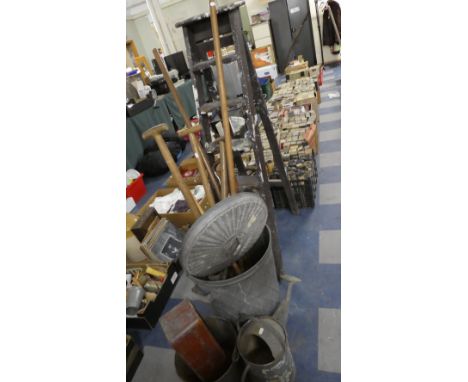 A Galvanised Bin, Vintage Garden Tools, Watering Can and Wooden Step Ladder 