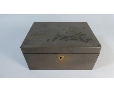 An Oriental Tea Caddy Box with Interior Lidded Metal Liner Having Etched Decoration to top with Mother of Pearl Handle 