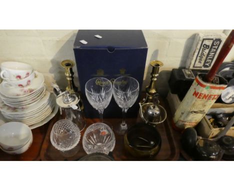 A Tray Containing Royal Brierley Wines, Brandy Balloon and Vase, Brass Candle Stick, Silver Plated Coffee Pot etc 