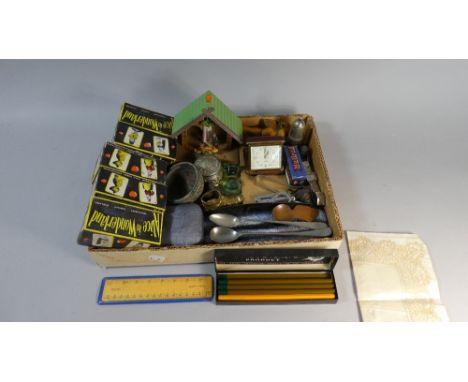 A Tray of Curios to Include Alarm Clock, Pepper Pot, Alice in Wonderland Figure Boxes, Scale Rule etc 