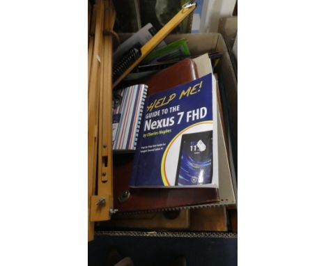 A Box Containing Artists Easel, Sketch Books, Completed Watercolour Sketches etc 