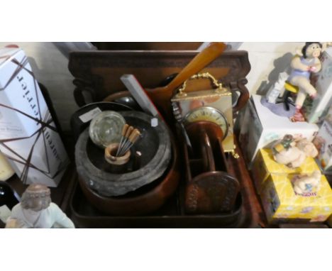 A Tray of Treenware, Onyx Mantle Clock, Polished Stone Bowl, Letter Opener etc 