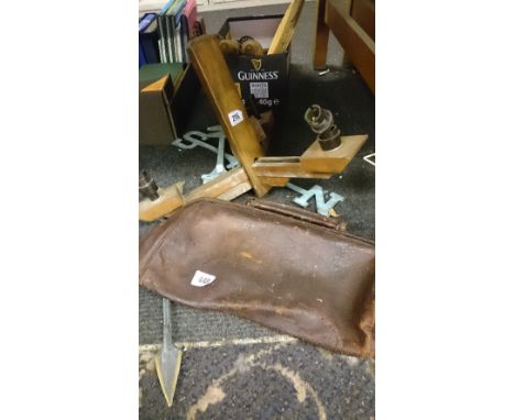 An Art Deco three branch oak ceiling light together with a small Gladstone bag and a bronzed weather vane.
