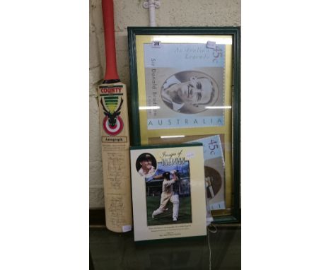 An autographed Hampshire v Leicestershire June 1999 cricket bat, played at Southampton together with a reproduction framed cr