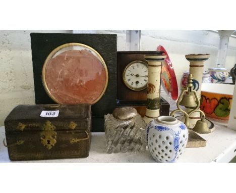 A collection of various items including a silver lidded inkwelland a walnut cased mantle clock.