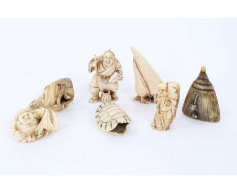 Group of seven carved ivory and bone netsuke, including carving of a scholar with scrolls, two character mark, 5cm high, bone