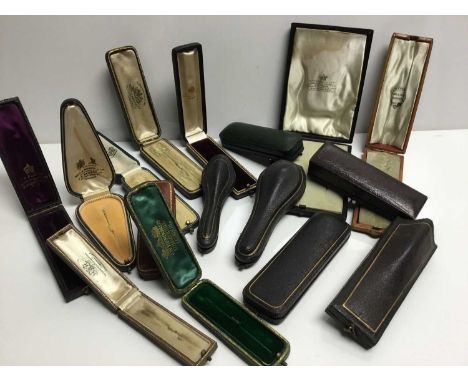 Collection of 16 antique leather jewellery boxes for stick pins