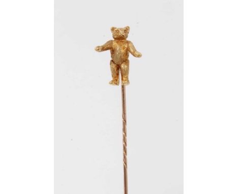 Rare early 20th century gold teddy bear stickpin, the bear with long limbs and beautifully detailed with spiral twist pin fit