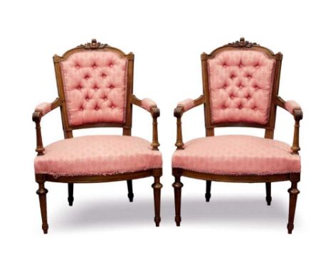 Pair of late 19th / early 20th century French carved walnut button upholstered chairs, raised on turned fluted legsCondition 