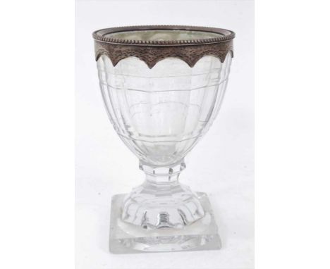 Regency silver mounted cut glass table salt or mustard, of facetted tapered form on domed square foot, the silver rim stamped