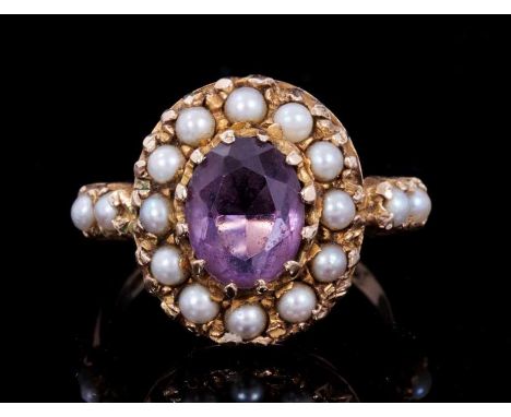 Victorian-style 9ct gold amethyst and cultured pearl cluster ring with an oval mixed cut amethyst surrounded by a border of c