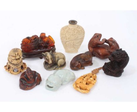 Group of boxwood, bone and other Japanese netsuke and works of art, including boxwood netsuke in form of a horse, signature p