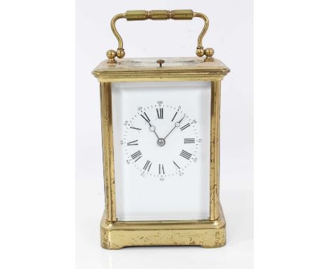 Late Victorian repeating carriage clock with enamel dial, striking on gong in gilt brass case 17cm highCondition report: The 