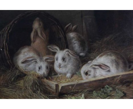 Manner of Alfred Barber (1841-1925) oil on canvas - Rabbits Breakfasting, bearing signature, in gilt frame, 35cm x 52cm Prove