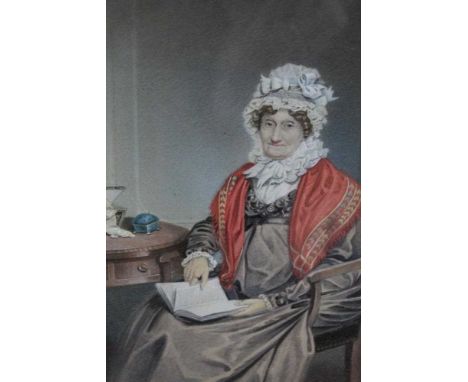Early 19th century, English School, watercolour - portrait of a lady seated at her work, Elizabeth Page, 1749-1825, label ver