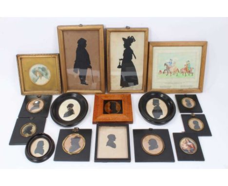 Good collection of silhouette miniatures, to include two similar large papercut silhouettes, the first a lady named verso as 