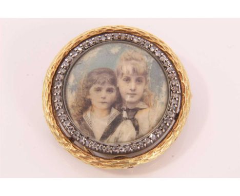 Fine quality early 20th century gold and diamond miniature portrait brooch, possibly Russian. The circular portrait depicting
