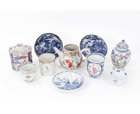 Group of 18th century Chinese porcelain, including an Imari tea caddy, famille rose tea caddy, three blue and white saucers, 