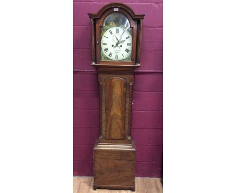 19th century mahogany eight day longcase clock with painted arch dial decorated with castles by T,Symonds, Yarmouth', with 2 