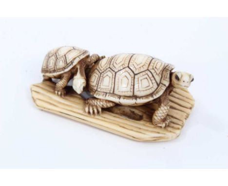 Good Japanese carved ivory netsuke, carved as two tortoises on a plank, signed, 5cm longProvenance: Estate of the Late Jane S