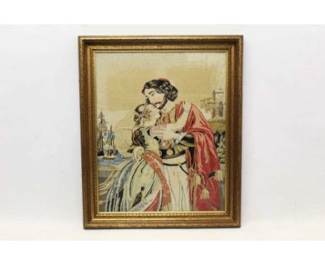 19th century Berlin woolwork tapestry, depicting a scene of departing naval man and his lass, glazed frame, 102 x 87cm