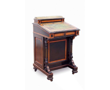 Victorian aesthetic period ebonised and amboyna inlaid piano-top davenport desk, with brass galleried superstructure enclosin