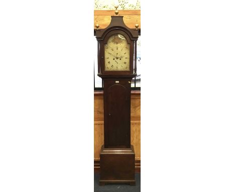 Regency eight day longcase clock with floral painted arch dial, subsidiary seconds and date dials , in mahogany case with bra