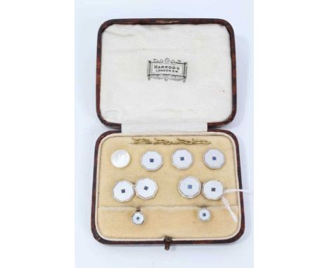 Fine 1930s set of 9ct and 18ct gold, mother of pearl and sapphire set of dress studs and pair cufflinks retailed by Harrods i