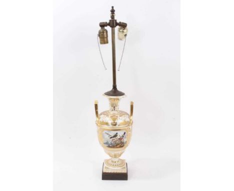 Derby vase, c.1820, painted with birds, probably by Dodson, now mounted as a table lamp, 34cm height, 67cm including lamp fit