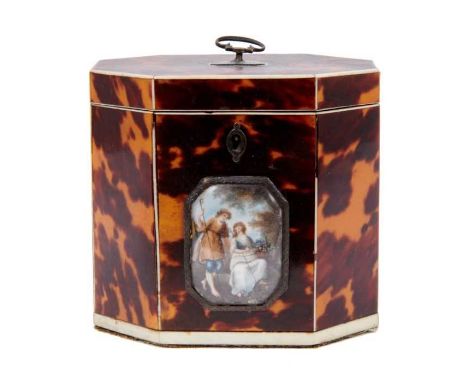 Good Regency tortoiseshell tea caddy, of canted rectangular form, the hinged top with surmounting ring handle, enclosing zinc