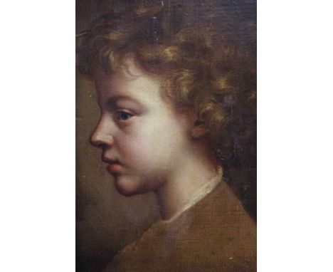 18th century, Italian School, oil on canvas - portrait of a young boy in profile, 31cm x 24cm, in ornate parcel gilt and carv