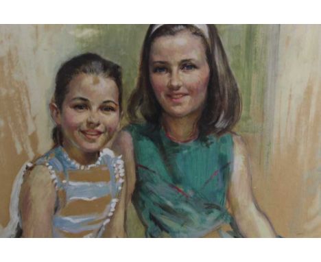 Peter Walbourn (1910-2002) mixed media on paper - portrait of two sisters, signed, in glazed gilt frame, 52cm x 64cm 