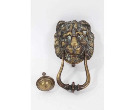 19th century brass lion mask door knocker, total height including drop handle 21cm