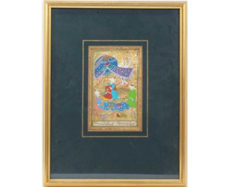 Three Persian illuminated manuscript leafs, the first painted with seated figures feasting, on gilt ground, text to reverse, 