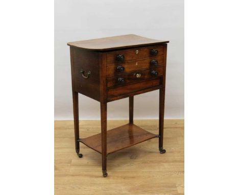 Regency mahogany and tulipwood crossbanded work table, with rounded rectangular hinged top and faux drawer front, single draw