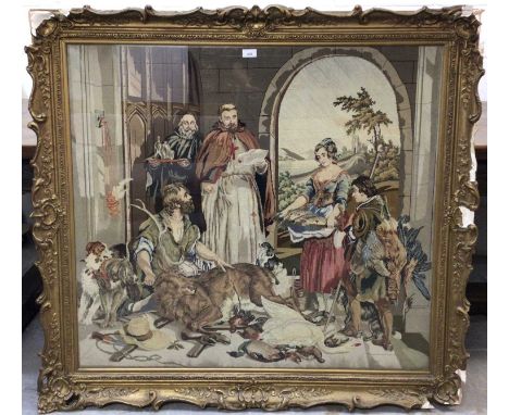 Large 19th century Berlin woolwork tapestry, depicting interior scene of figures and game, in glazed gilt frame, total size 1