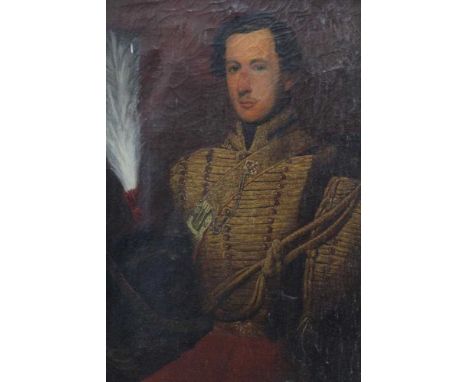 English School, 19th century, oil on canvas - portrait of a Hussars' Officer in uniform, 100cm x 77cm, in gilt frame 