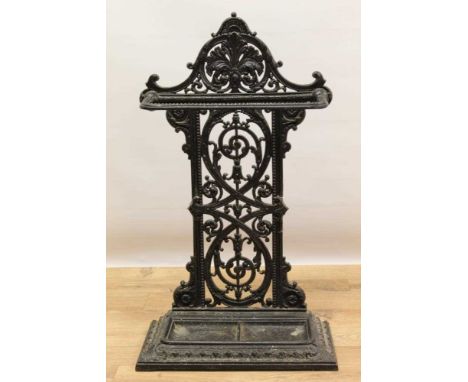 Victorian cast iron stick stand by Falkirk, stamped, numbered 23, and with registration details, pierced formal scrolling fol