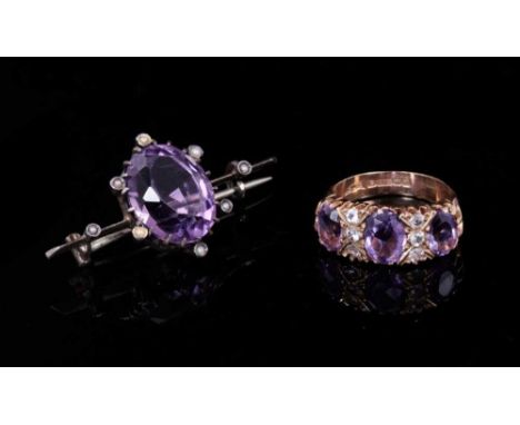 Victorian-style amethyst and white stone ring in 9ct gold setting, Birmingham 1973, size J½, together with an amethyst and se