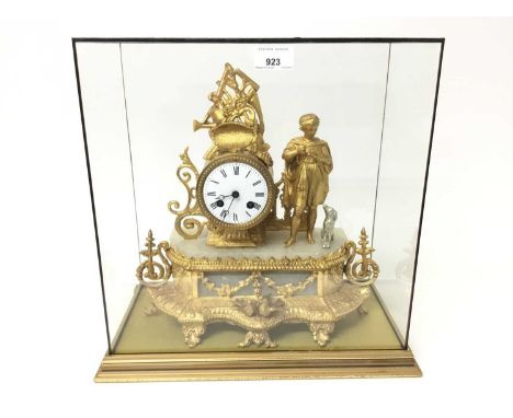 19th century French gilt metal and alabaster mantle clock with figure and trophy of gardening implement mounts under later gl