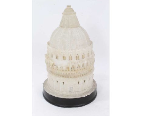 19th century Grand tour alabaster lamp, in the form of a temple, carved in sections, on painted plinth, total height 28cm Con