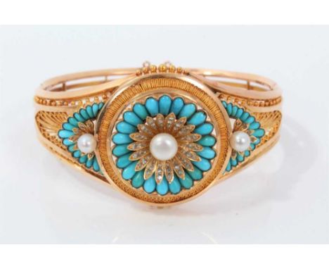 Fine quality 19th century French Etruscan revival gold turquoise, diamond and pearl hinged bangle, the central rosette with a