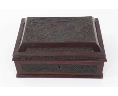 Unusual Chinese carved lacquer tea caddy, stepped hinged top decorated in low relief with birds and foliage with diaper borde