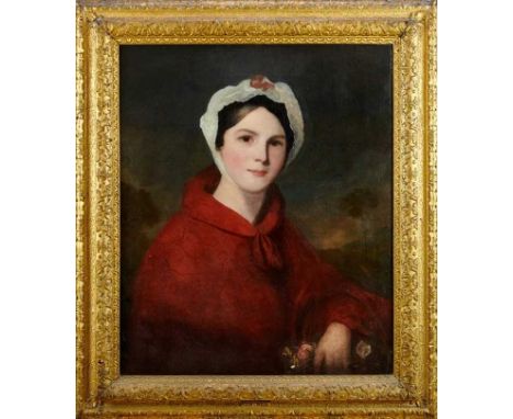 English School, 18th century, manner of Romney oil on canvas - portrait of a lady in red cloak and white lace bonnet, in fine