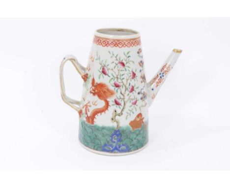 Antique 19th century Chinese porcelain coffee pot, decorated with dragons and goldfish emerging from water, with fruiting tre